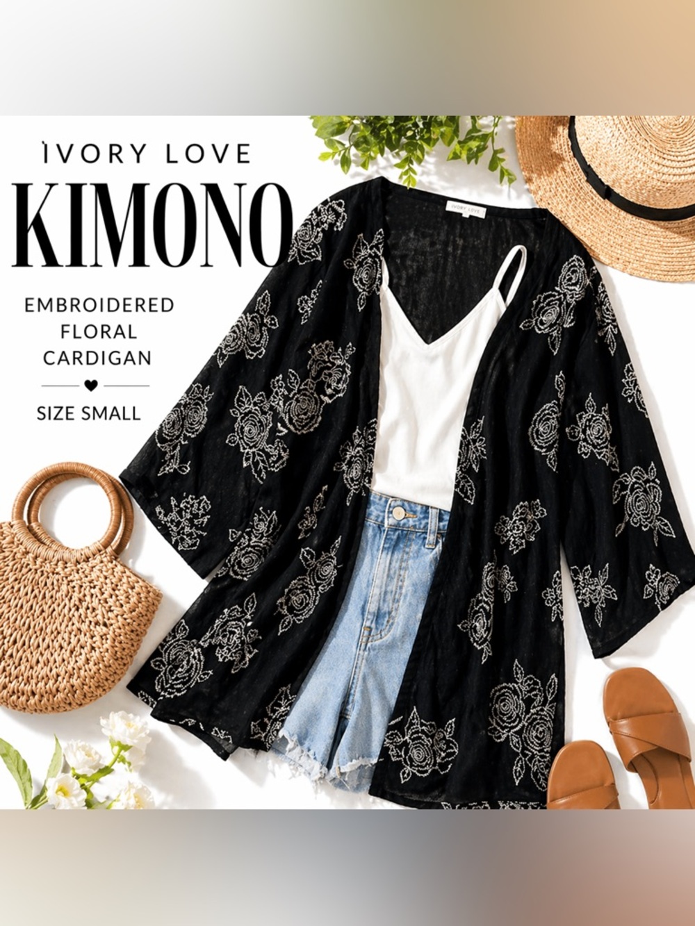 Black Floral Embroidered Kimono Sheer Boho Cardigan Small